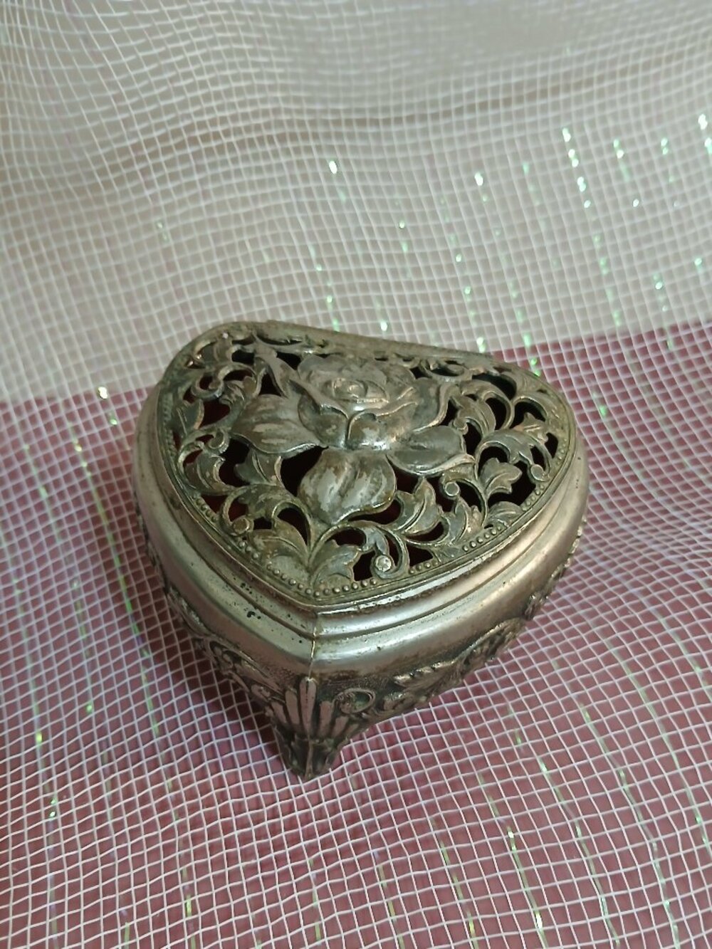 Vintage Silver Plated, Heart Shaped Tinket Box-Japan